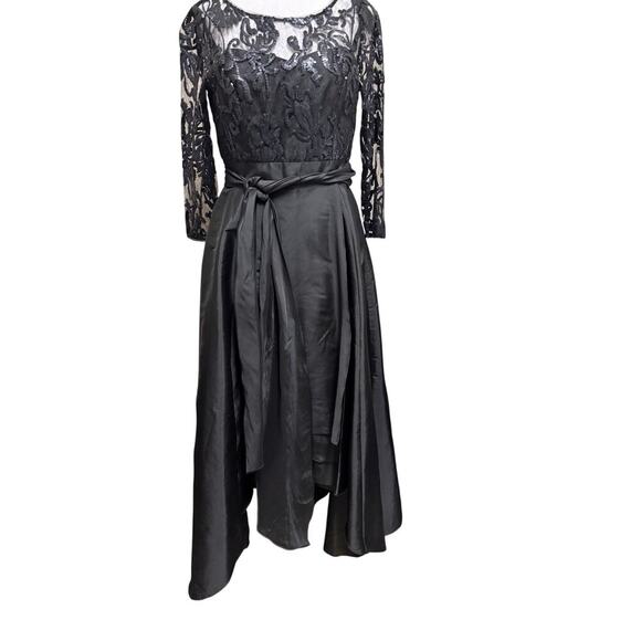 Adrianna Papell Black Quarter Sleeve Ribbon Sequin High Low Gown Size 4 - Picture 2 of 12